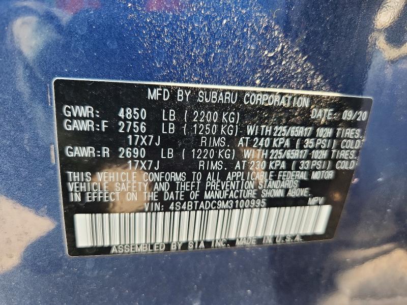 61031646 :رقم المزاد ، 4S4BTADC9M3100995 vin ، 2021 Subaru Outback مزاد بيع