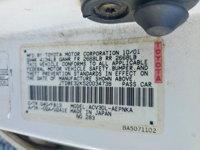 2002 Toyota Camry მანქანა იყიდება აუქციონზე, vin: JTDBE32K520034738, აუქციონის ნომერი: 60530556