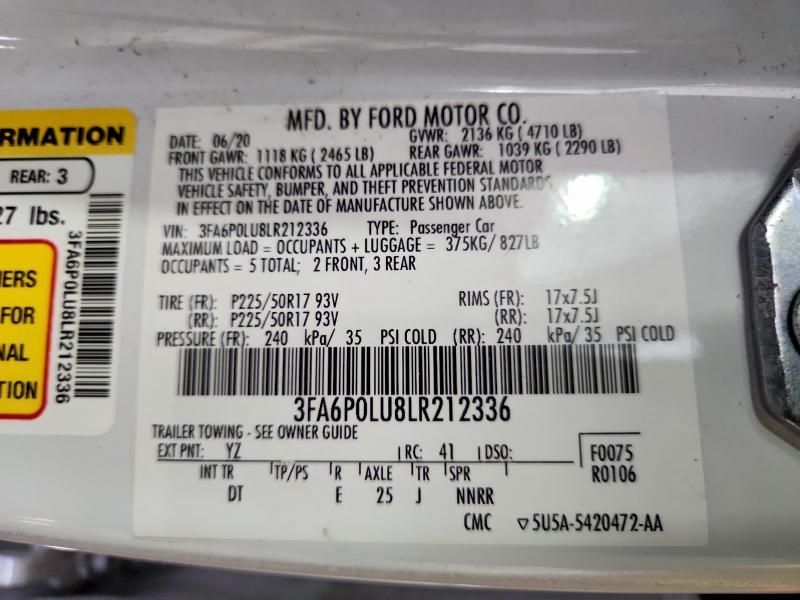 Продаж на аукціоні авто 2020 Ford Fusion, vin: 3FA6P0LU8LR212336, номер лоту: 60567906