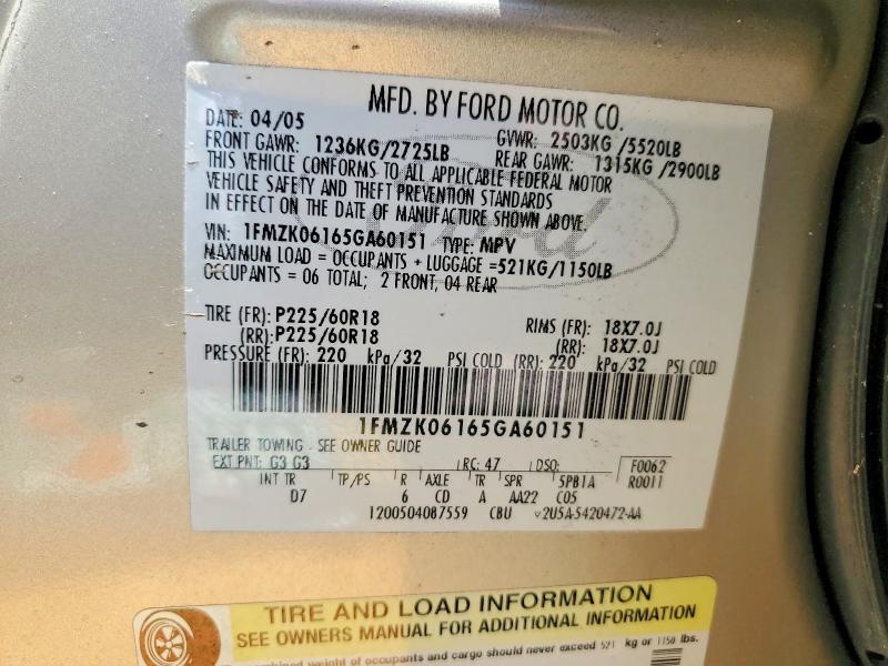 61292646 :رقم المزاد ، 1FMZK06165GA60151 vin ، 2005 Ford Freestyle مزاد بيع