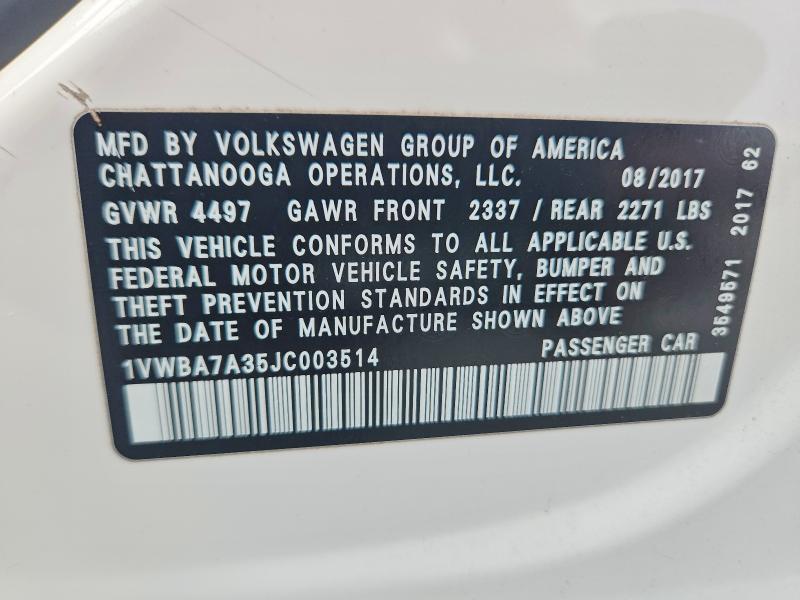 62566726 :رقم المزاد ، 1VWBA7A35JC003514 vin ، 2018 Volkswagen Passat مزاد بيع