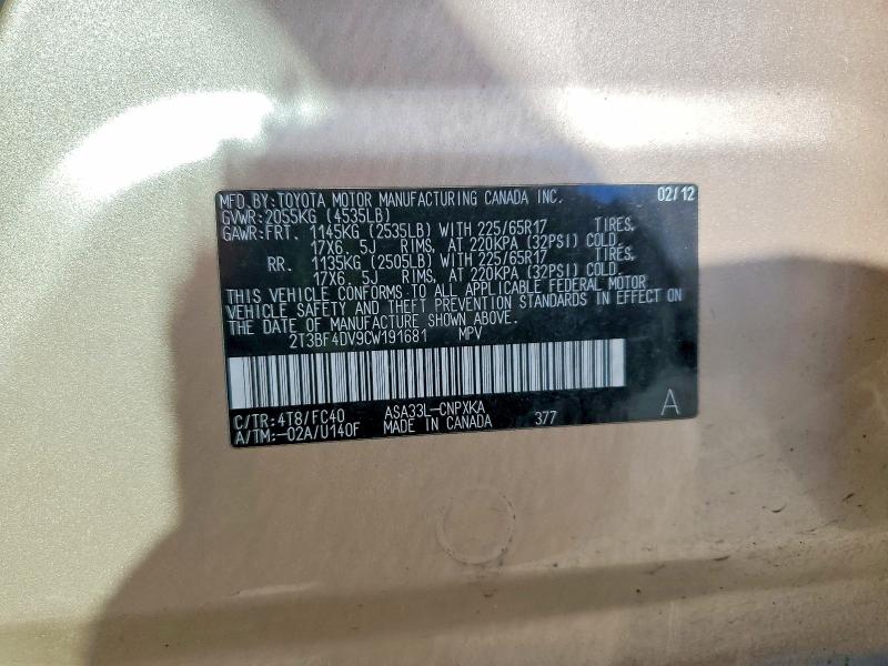 Продаж на аукціоні авто 2012 Toyota Rav4, vin: 2T3BF4DV9CW191681, номер лоту: 60779006