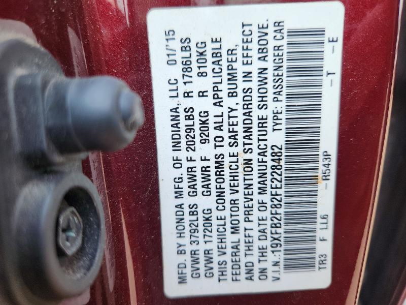 2015 Honda Civic მანქანა იყიდება აუქციონზე, vin: 19XFB2F82FE228482, აუქციონის ნომერი: 61427256