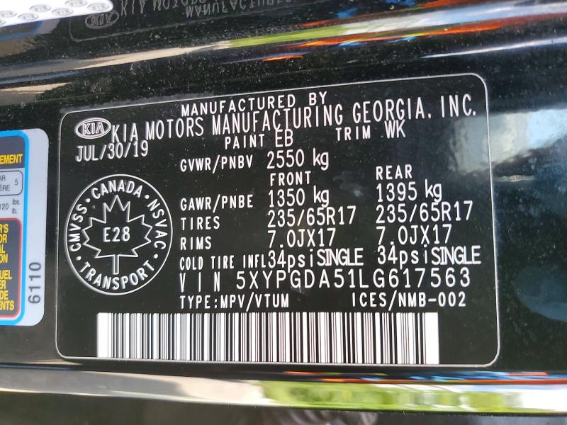 61025716 :رقم المزاد ، 5XYPGDA51LG617563 vin ، 2020 Kia Sorento مزاد بيع