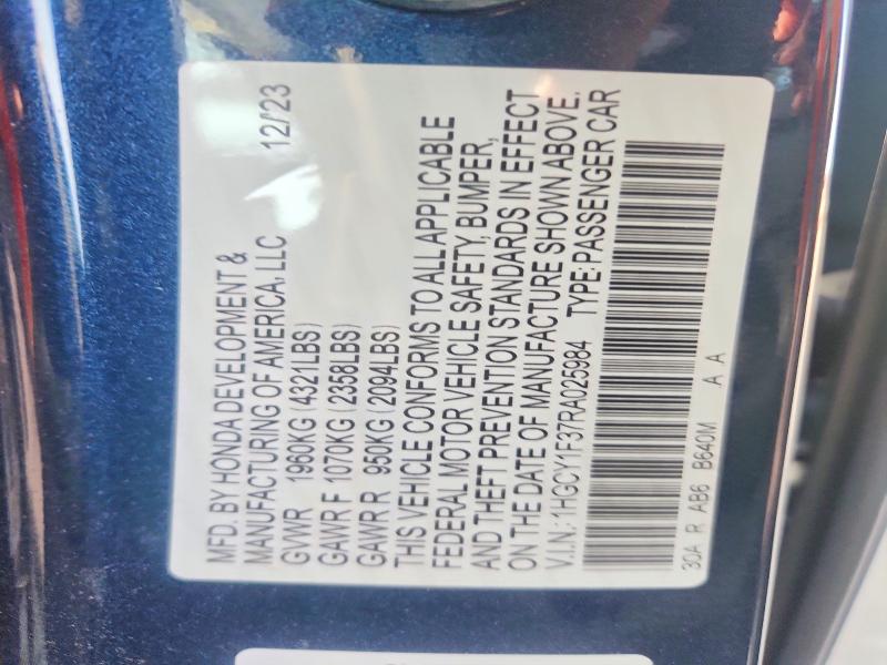 62995016 :رقم المزاد ، 1HGCY1F37RA025984 vin ، 2024 Honda Accord مزاد بيع