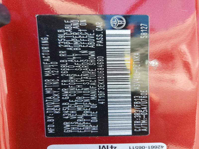 59365306 :رقم المزاد ، 4T1BF3EKXBU684680 vin ، 2011 Toyota Camry مزاد بيع