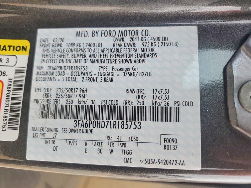 Aukcja sprzedaży 2020 Ford Fusion, vin: 3FA6P0HD7LR185753, numer aukcji: 61495006