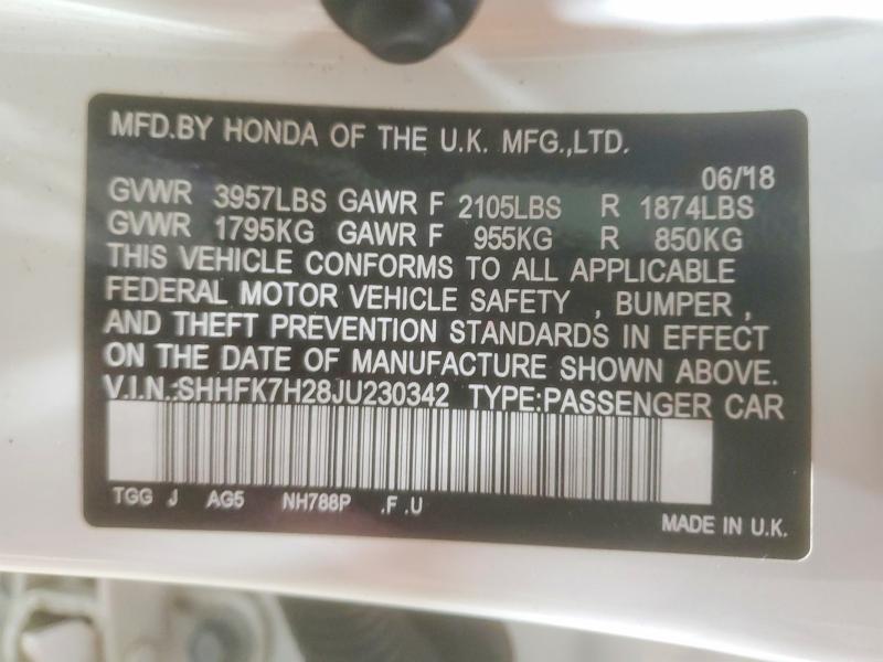 Продажа на аукционе авто 2018 Honda Civic, vin: SHHFK7H28JU230342, номер лота: 61619086
