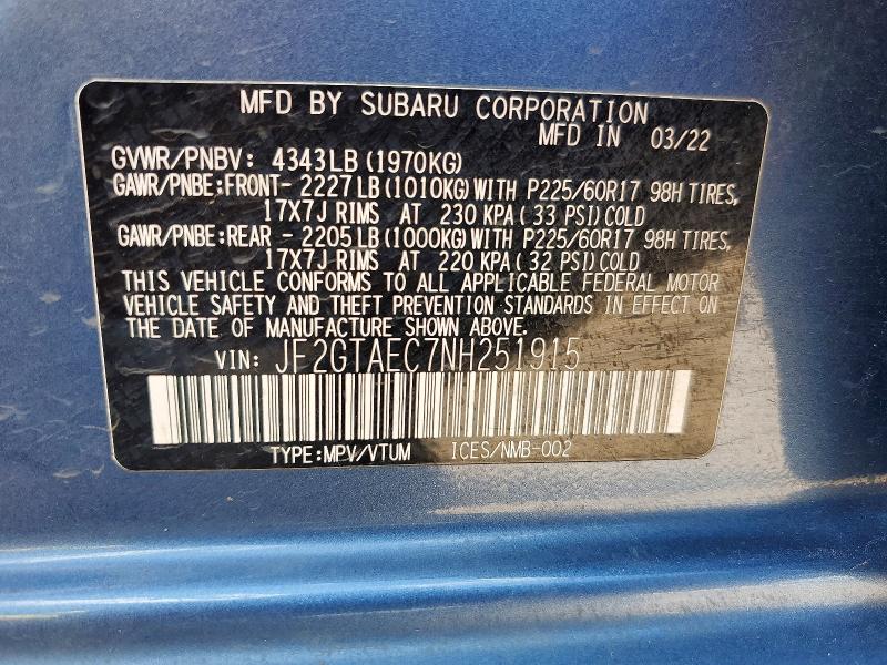 62138366 :رقم المزاد ، JF2GTAEC7NH251915 vin ، 2022 Subaru Crosstrek مزاد بيع