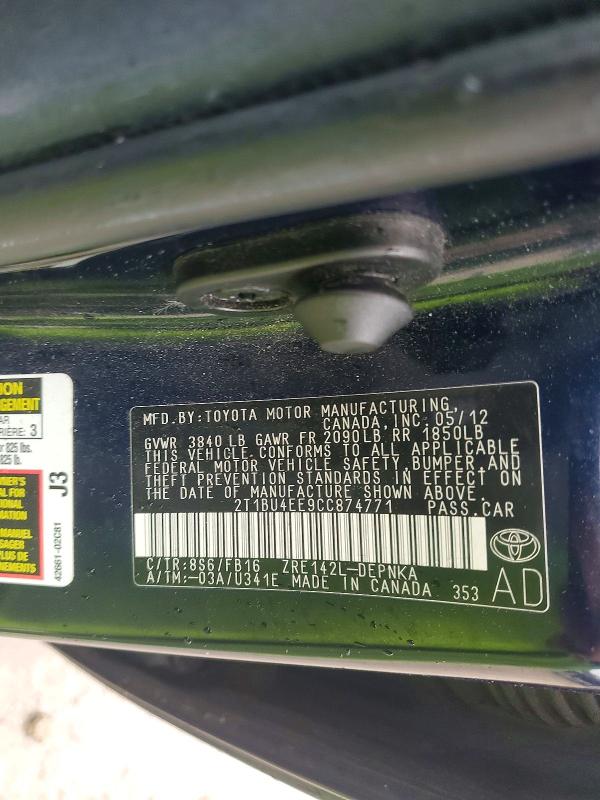 2012 Toyota Corolla მანქანა იყიდება აუქციონზე, vin: 2T1BU4EE9CC874771, აუქციონის ნომერი: 59903316