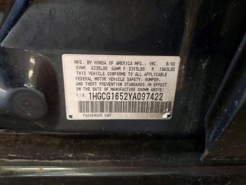 60804726 :رقم المزاد ، 1HGCG1652YA097422 vin ، 2000 Honda Accord مزاد بيع