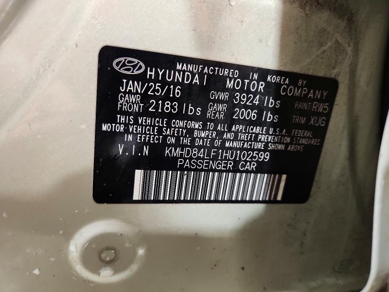 2017 Hyundai Elantra მანქანა იყიდება აუქციონზე, vin: KMHD84LF1HU102599, აუქციონის ნომერი: 60291086