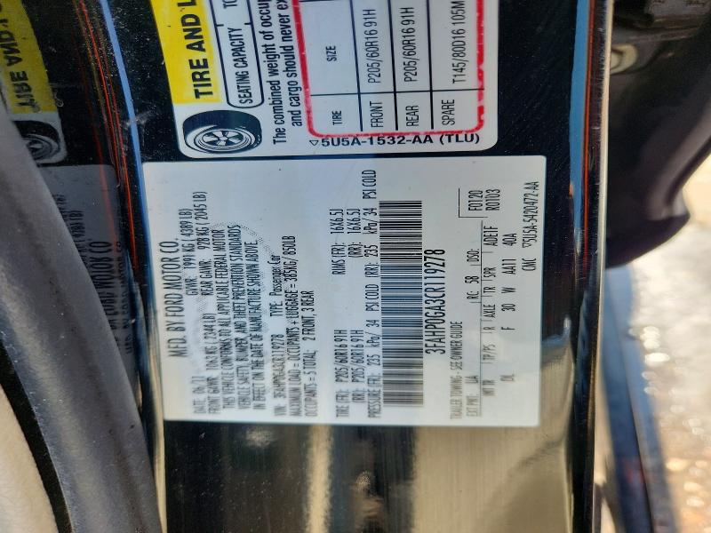 2012 Ford Fusion მანქანა იყიდება აუქციონზე, vin: 3FAHP0GA3CR119278, აუქციონის ნომერი: 61416536