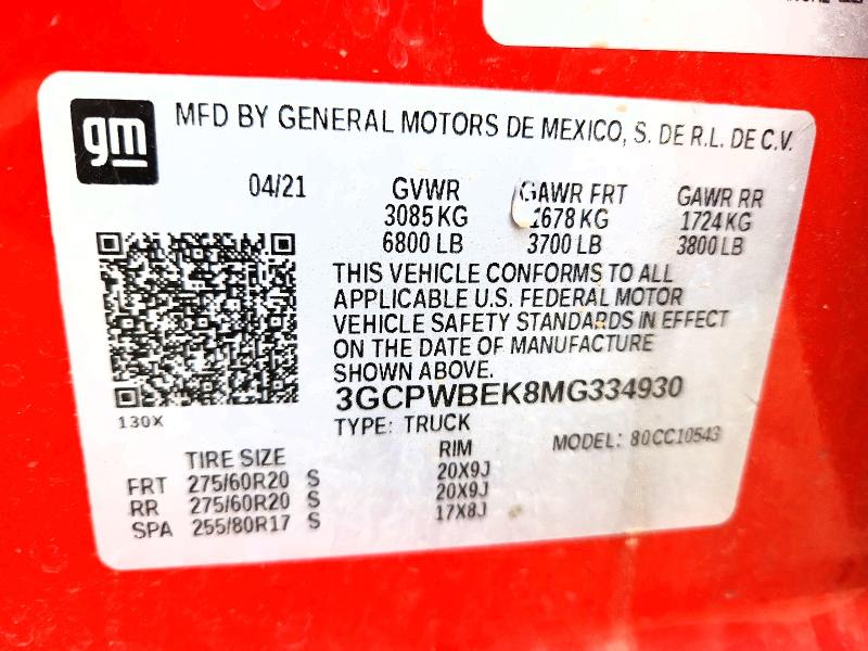 60868126 :رقم المزاد ، 3GCPWBEK8MG334930 vin ، 2021 Chevrolet Silverado مزاد بيع