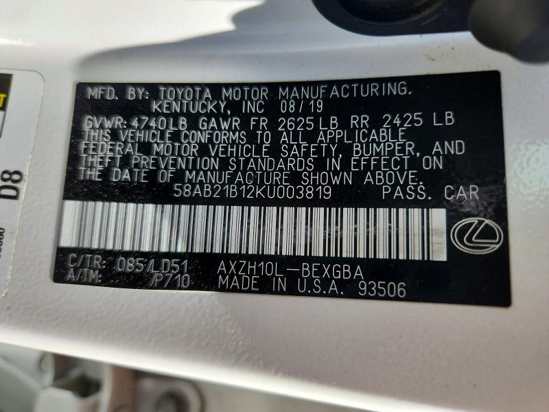 2019 Lexus Es მანქანა იყიდება აუქციონზე, vin: 58AB21B12KU003819, აუქციონის ნომერი: 61748506