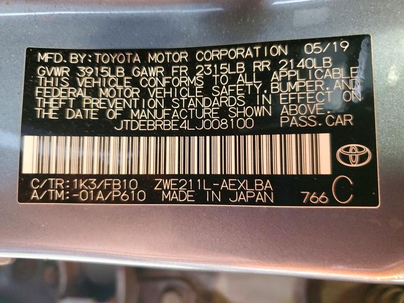 61502146 :رقم المزاد ، JTDEBRBE4LJ008100 vin ، 2020 Toyota Corolla مزاد بيع