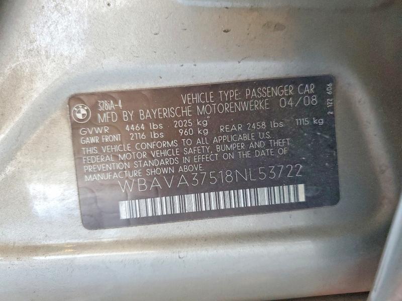 63239696 :رقم المزاد ، WBAVA37518NL53722 vin ، 2008 Bmw 328 مزاد بيع