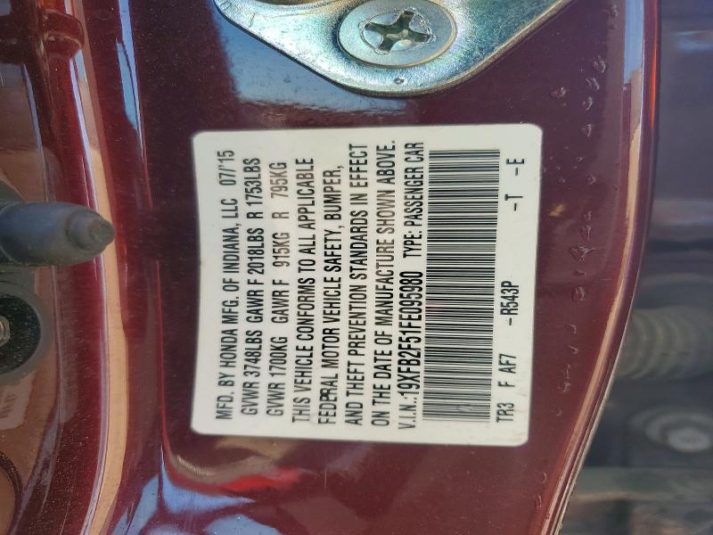 59086436 :رقم المزاد ، 19XFB2F51FE095980 vin ، 2015 Honda Civic مزاد بيع