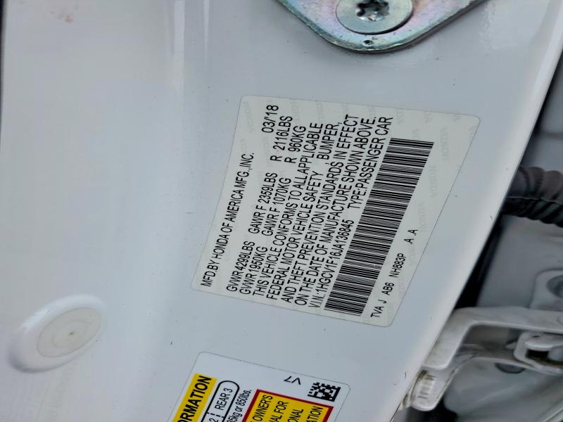 2018 Honda Accord მანქანა იყიდება აუქციონზე, vin: 1HGCV1F16JA136845, აუქციონის ნომერი: 60805236
