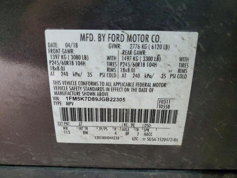 60778696 :رقم المزاد ، 1FM5K7D89JGB22305 vin ، 2018 Ford Explorer مزاد بيع