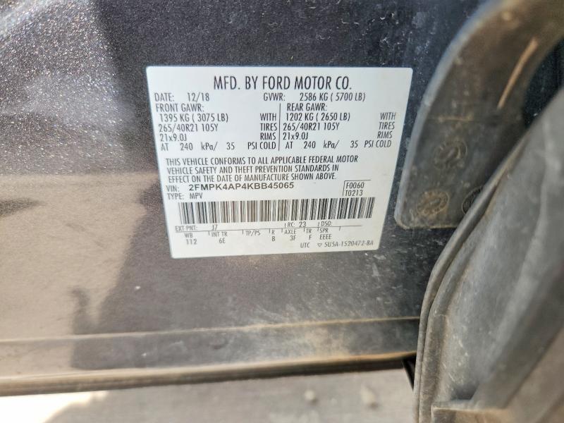 61576856 :رقم المزاد ، 2FMPK4AP4KBB45065 vin ، 2019 Ford Edge مزاد بيع