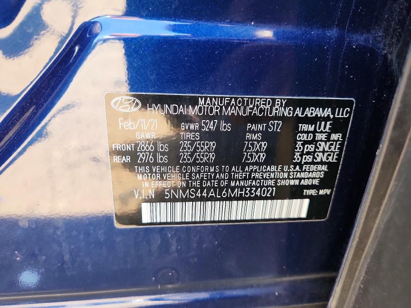 2021 Hyundai Santa Fe მანქანა იყიდება აუქციონზე, vin: 5NMS44AL6MH334021, აუქციონის ნომერი: 63330556
