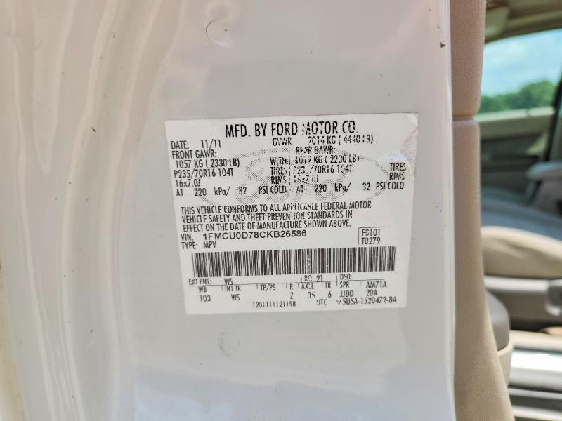 2012 Ford Escape მანქანა იყიდება აუქციონზე, vin: 1FMCU0D78CKB26586, აუქციონის ნომერი: 58974276