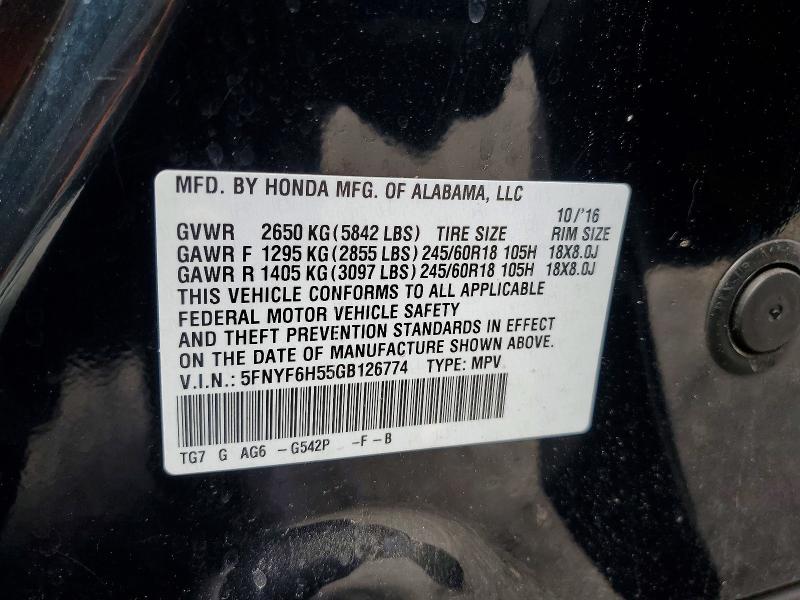 Продаж на аукціоні авто 2016 Honda Pilot, vin: 5FNYF6H55GB126774, номер лоту: 59724126