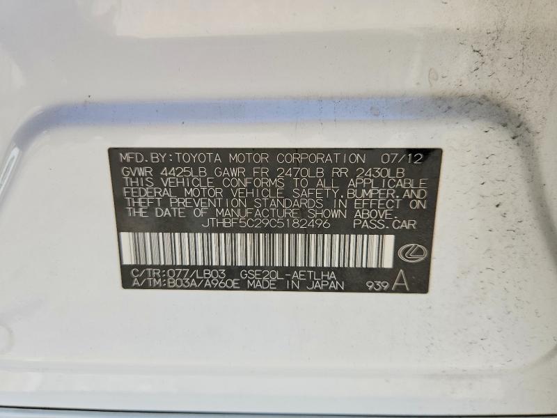 Aukcja sprzedaży 2012 Lexus Is, vin: JTHBF5C29C5182496, numer aukcji: 60172686