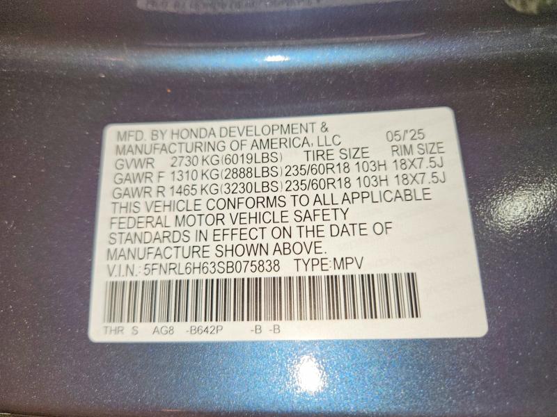 Продаж на аукціоні авто 2025 Honda Odyssey, vin: 5FNRL6H63SB075838, номер лоту: 61671076