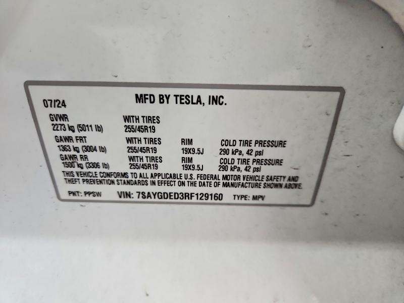 61953026 :رقم المزاد ، 7SAYGDED3RF129160 vin ، 2024 Tesla Model Y مزاد بيع