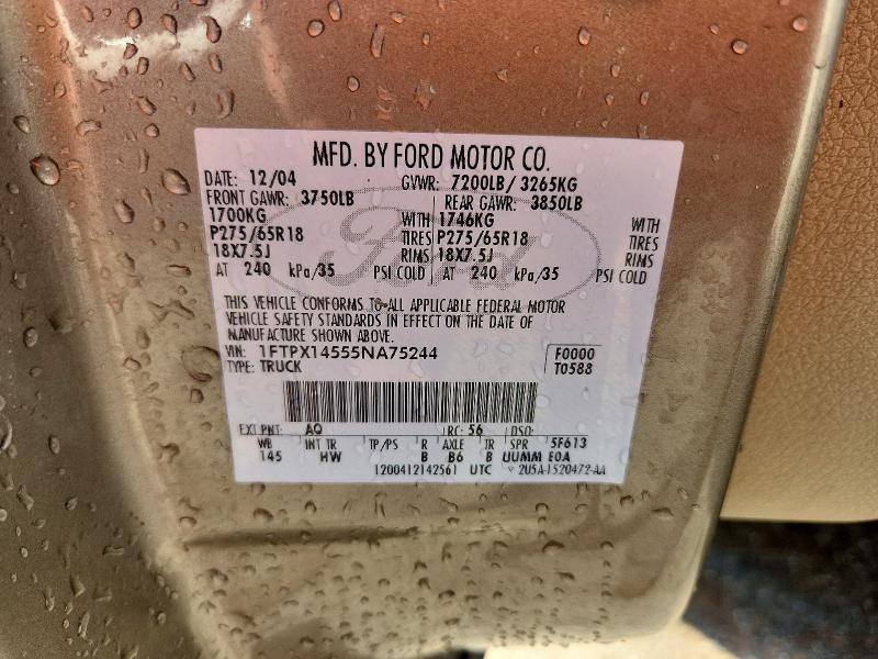 2005 Ford F150 მანქანა იყიდება აუქციონზე, vin: 1FTPX14555NA75244, აუქციონის ნომერი: 61573896