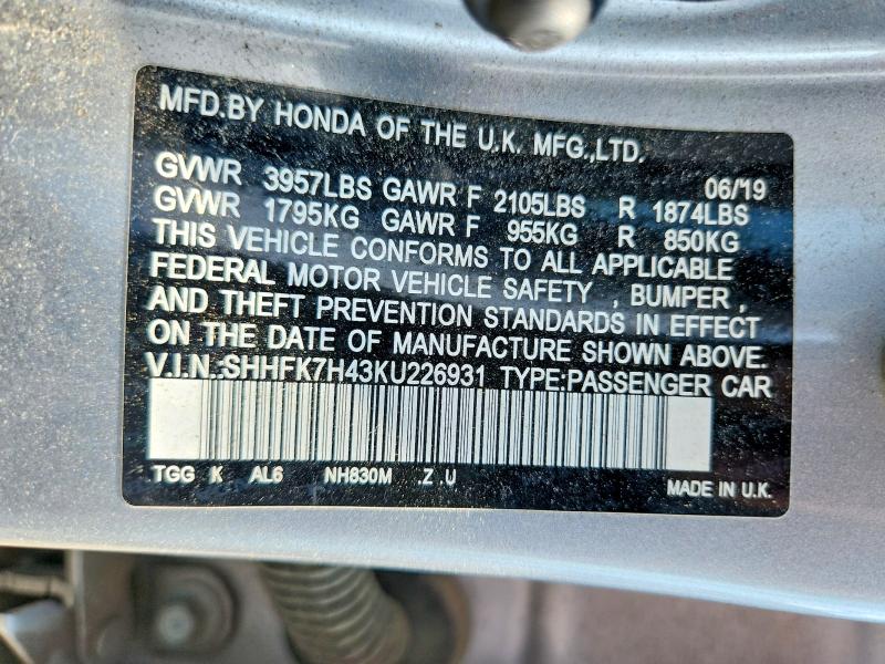 Aukcja sprzedaży 2019 Honda Civic, vin: SHHFK7H43KU226931, numer aukcji: 59600836