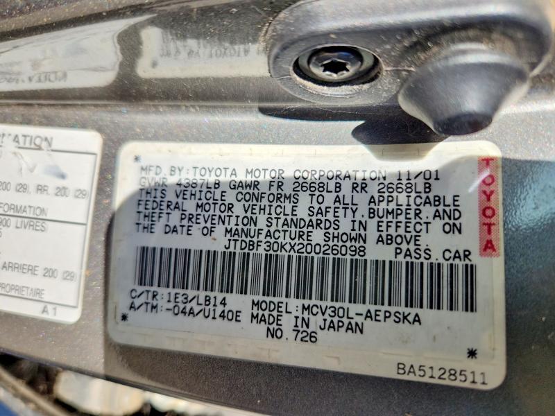 62707186 :رقم المزاد ، JTDBF30KX20026098 vin ، 2002 Toyota Camry مزاد بيع