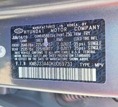2019 Hyundai Tucson მანქანა იყიდება აუქციონზე, vin: KM8J33A40KU069731, აუქციონის ნომერი: 62725886
