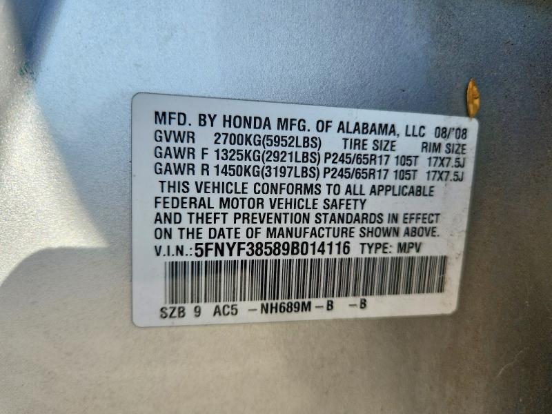 Aukcja sprzedaży 2009 Honda Pilot, vin: 5FNYF38589B014116, numer aukcji: 62257806