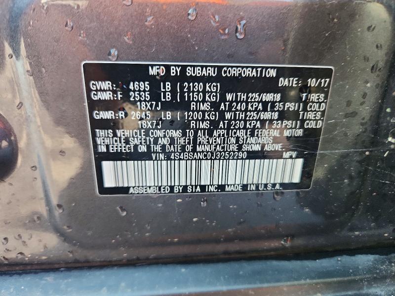 2018 Subaru Outback მანქანა იყიდება აუქციონზე, vin: 4S4BSANC0J3252290, აუქციონის ნომერი: 59859776