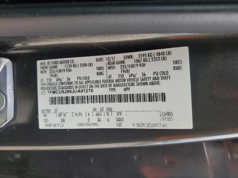 Aukcja sprzedaży 2018 Ford Escape, vin: 1FMCU9J99JUA91276, numer aukcji: 58890886