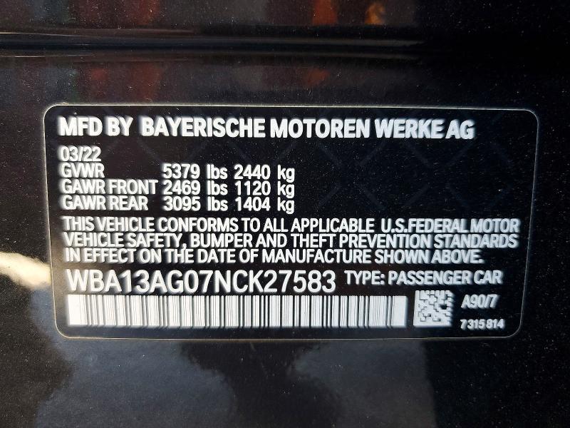 Aukcja sprzedaży 2022 Bmw 530e, vin: WBA13AG07NCK27583, numer aukcji: 62837226