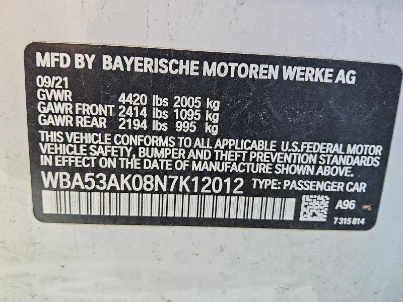 60378476 :رقم المزاد ، WBA53AK08N7K12012 vin ، 2022 Bmw 228i مزاد بيع