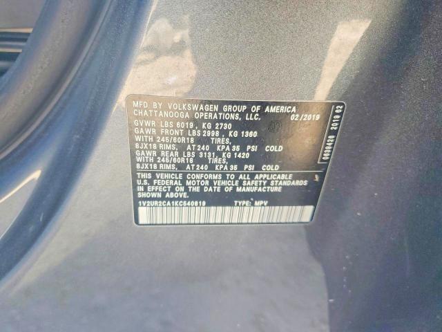 Aukcja sprzedaży 2019 Volkswagen Atlas, vin: 1V2UR2CA1KC540819, numer aukcji: 62153926