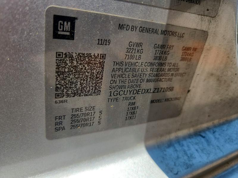Продаж на аукціоні авто 2020 Chevrolet Silverado, vin: 1GCUYDEDXLZ171058, номер лоту: 59971756