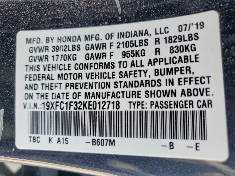 2019 Honda Civic მანქანა იყიდება აუქციონზე, vin: 19XFC1F32KE012718, აუქციონის ნომერი: 60522596