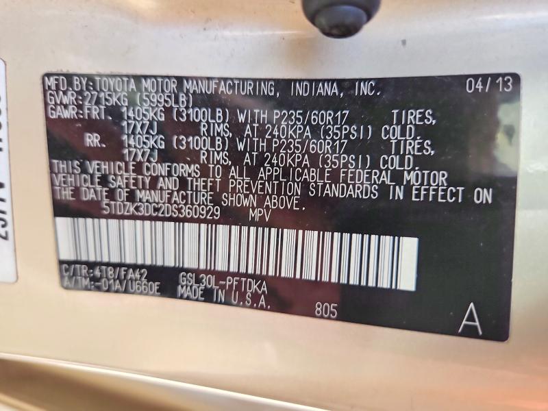 62426746 :رقم المزاد ، 5TDZK3DC2DS360929 vin ، 2013 Toyota Sienna مزاد بيع
