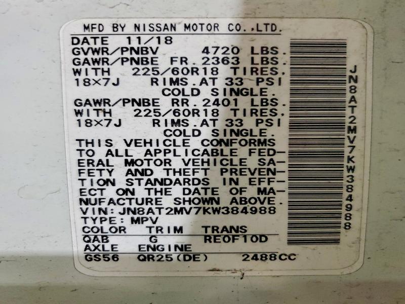 60162386 :رقم المزاد ، JN8AT2MV7KW384988 vin ، 2019 Nissan Rogue مزاد بيع