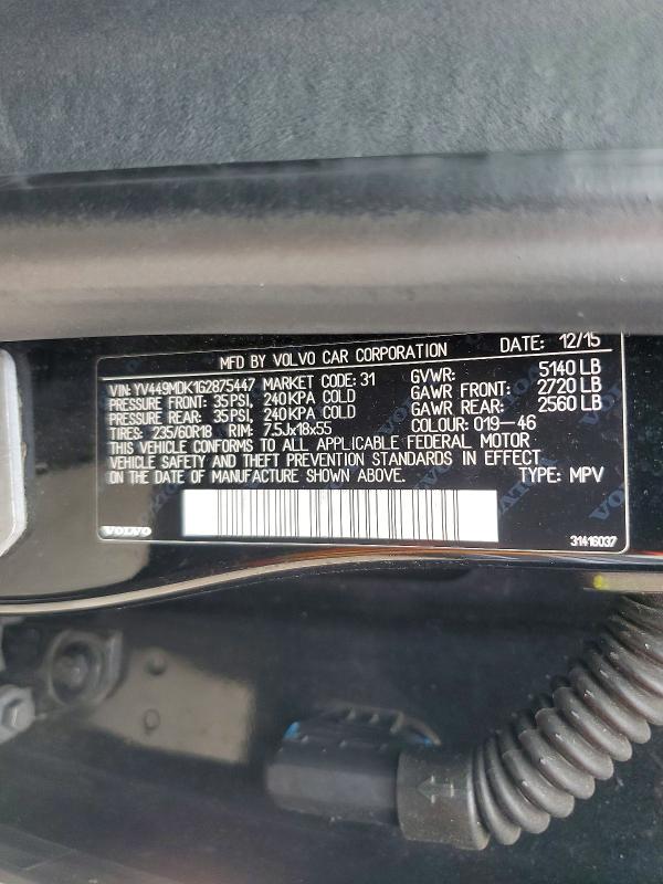 62396846 :رقم المزاد ، YV449MDK1G2875447 vin ، 2016 Volvo Xc60 مزاد بيع