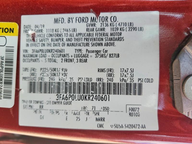 Продажа на аукционе авто 2019 Ford Fusion, vin: 3FA6P0LU0KR240601, номер лота: 59309226