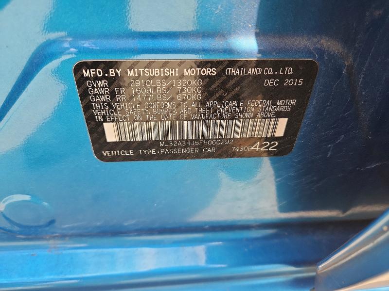 2015 Mitsubishi Mirage მანქანა იყიდება აუქციონზე, vin: ML32A3HJ5FH060292, აუქციონის ნომერი: 61146996
