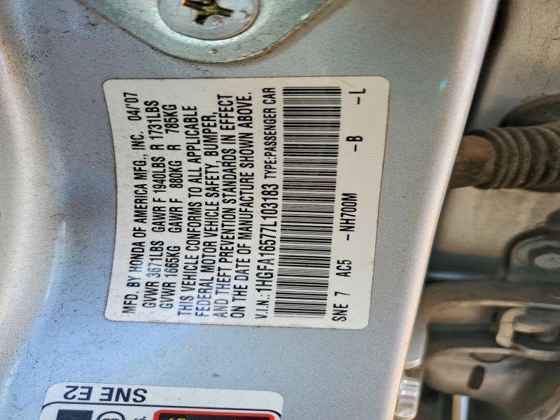 Aukcja sprzedaży 2007 Honda Civic, vin: 1HGFA16577L103183, numer aukcji: 61250916