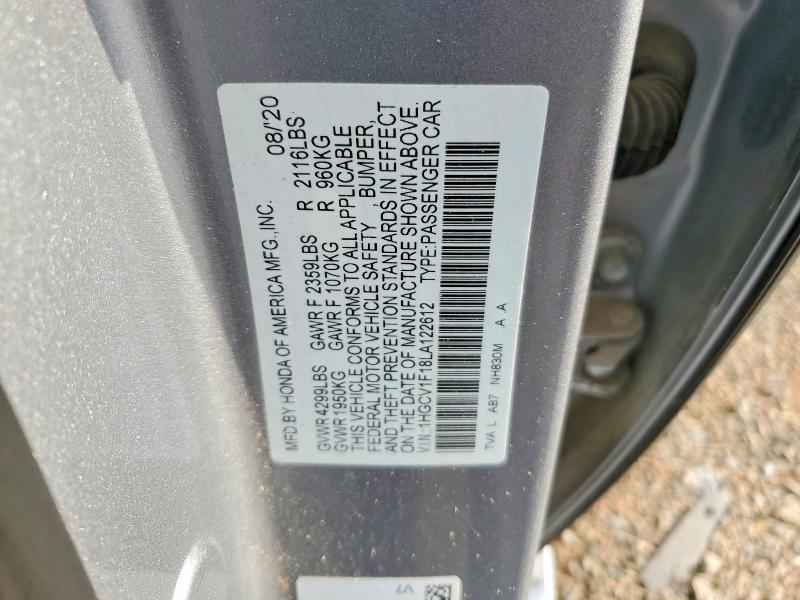 Продаж на аукціоні авто 2020 Honda Accord, vin: 1HGCV1F18LA122612, номер лоту: 61853266